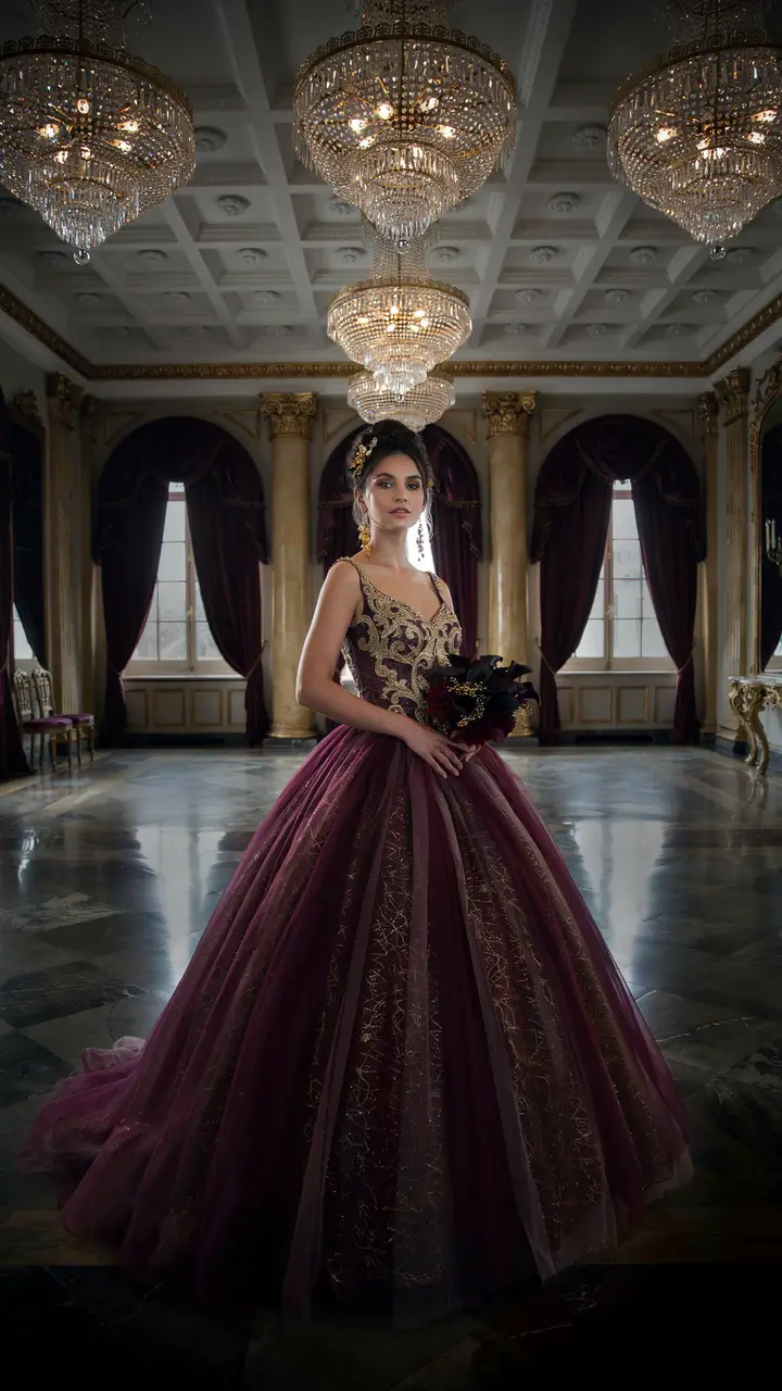 The Majestic Eggplant Princess Ball Gown with Gold Accents