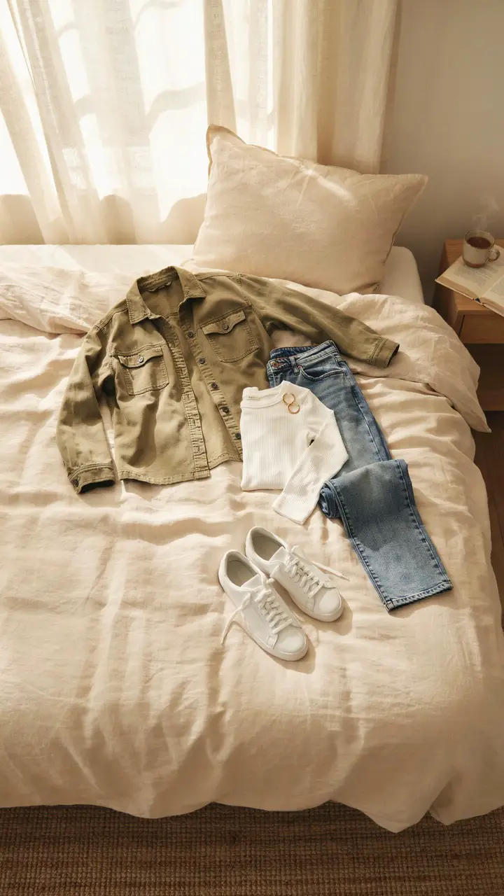 The Weekend Warrior Look Olive Shacket + Straight-Leg Jeans