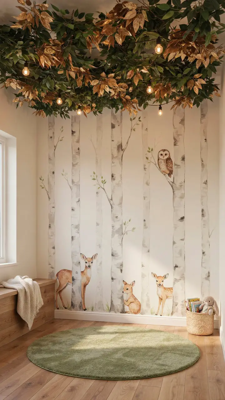 Birch Tree Wall Installation with Fairy Light Canopy