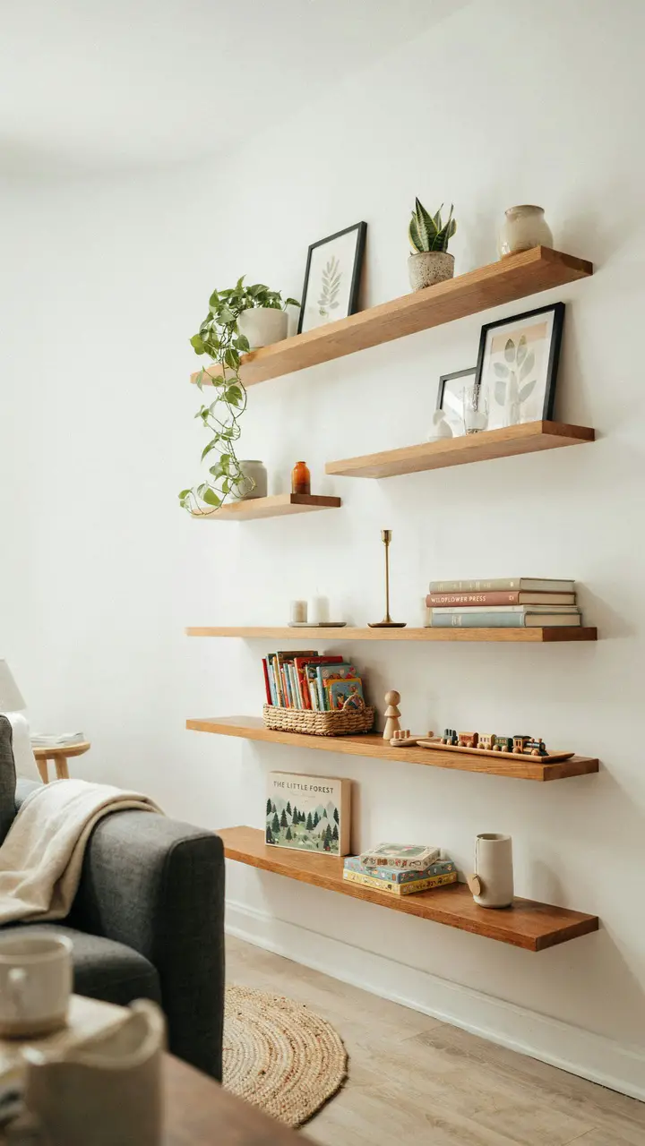 Floating Shelves as Display and Play Organization