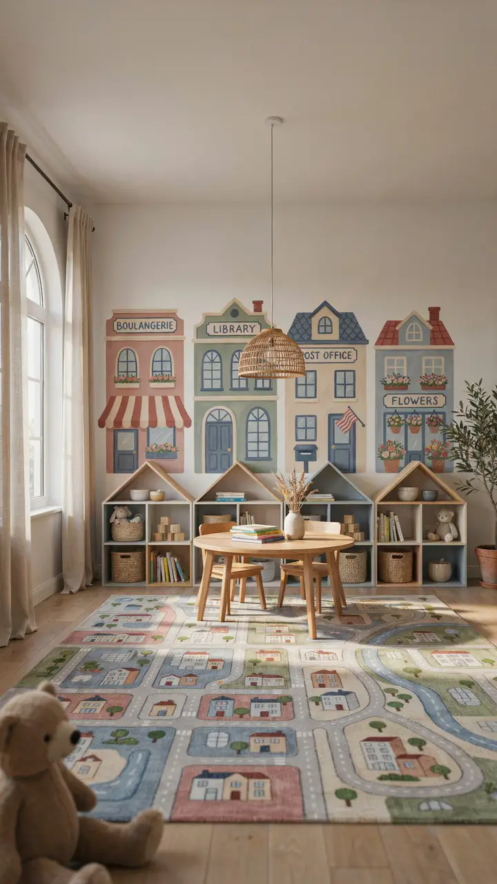 Storybook Village with Painted Rooftop Shelves