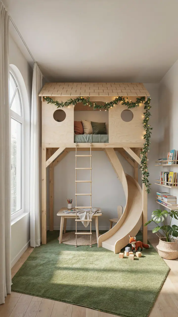 Treehouse Loft with Rope Ladder and Slide
